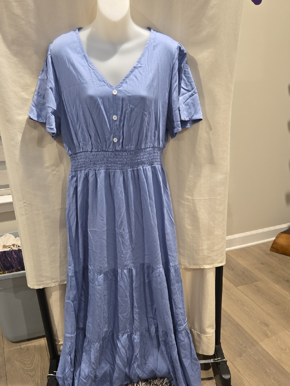 SHEIN Light Blue V-Neck Button-Front Maxi Dress
